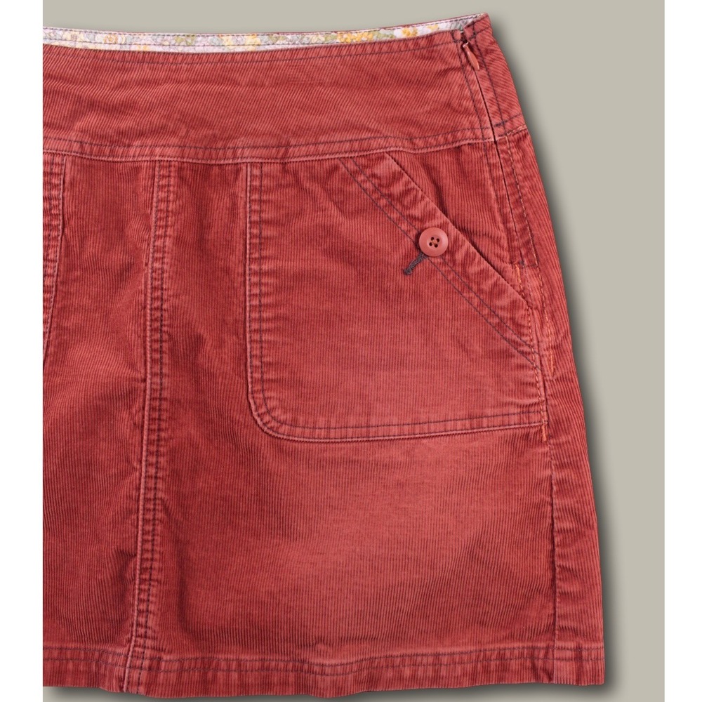 Vtg 00s prAna Corduroy Mini Skirt Burnt Orange Floral Waist Patch Pocket 6 Gorp - Picture 3 of 6